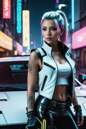 futuristic cyberpunk, woman 30 year old, white vest, neon color short coat Sleeveless, Cyber punk theme, facing foward, leaning on cyberpunk car engine hood, holding futuristic sniper rifle, cybernetic implants, dragon tattoos,  neon colors, hair in pony tail, military boots, cyber punk, neon signs, night at the neon futuristic city, Movie Still, Film Still, Cinematic Shot, Cinematic Lighting, wide angle, photorealistic, full body, low angle 