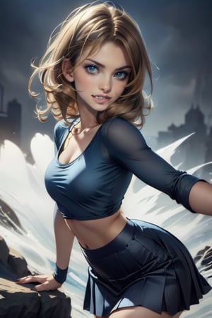 1girl, brown hair, styled, slim built, medium bust, long legs, bewitching  blue eyes, wing eyeliner, long eyelashes, blue eye shadow, realistic skin, better hands, five fingers, photorealistic, cinematic and dramatic lighting. navy blue skirt, biting lip , side view , seductive smile 