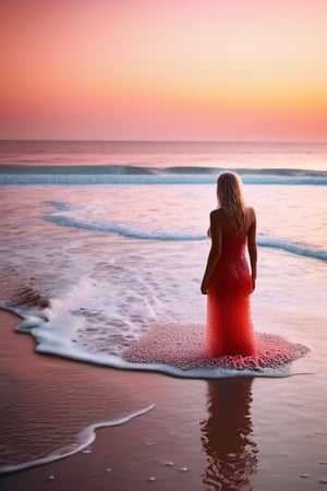 a blond woman on beach, water is red, covered in only dense layer small tiny red bubbles and foam, lots of red foam, bubbles covering whole body forming a long floaty light dress made of red foam all the way down to water, no swimsuit,  no fabric, the woman standing facing the water and giving the impression that the bottom of the bubbles is united with the water. beach background and sea, full body, hourglass waist 