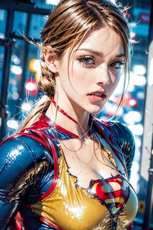 supergirl,(torn:1.3),(torn bodysuit:1.3), biting lip, side view, looking over shoulder at camera, 