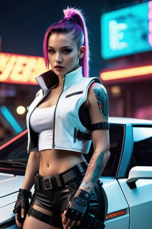 futuristic cyberpunk, woman 30 year old, white vest, short coat Sleeveless, Cyber punk theme, facing foward, leaning on cyberpunk car engine hood, holding big sniper rifle, cybernetic implants, dragon tattoos,  neon colors, hair in pony tail, military boots, cyber punk, neon signs, night at the neon futuristic city, Movie Still, Film Still, Cinematic Shot, Cinematic Lighting, wide angle, photorealistic, full body