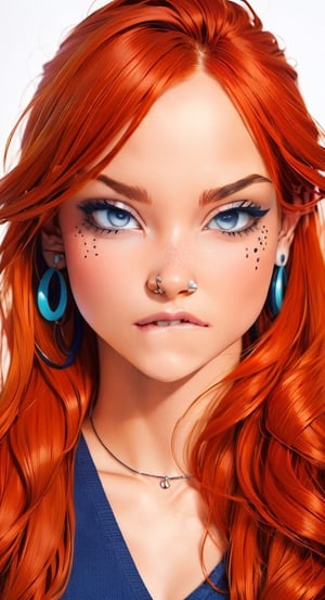 1girl, solo, looking at viewer, jewelry, red hair, blue eyes, earrings, , ear piercing, realistic,  lip piercing,pandora, colour splash background 