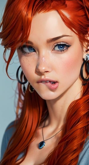 1girl, solo, looking at viewer, jewelry, red hair, blue eyes, earrings, , ear piercing, realistic,  lip piercing,pandora, hazy background 