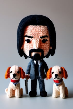 A knitted wool model of John Wick and his dogs. Big head, cartoonish, cute, original colors, wielding knitted pistols.