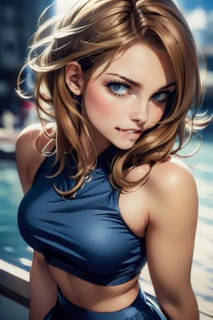 1girl, brown hair, styled, slim built, medium bust, long legs, bewitching  blue eyes, wing eyeliner, long eyelashes, blue eye shadow, realistic skin, better hands, five fingers, photorealistic, cinematic and dramatic lighting. navy blue skirt, biting lip , side view , seductive smile 
