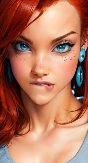 1girl, solo, looking at viewer, jewelry, red hair, blue eyes, earrings, , ear piercing, realistic,  lip piercing,pandora, hazy background 