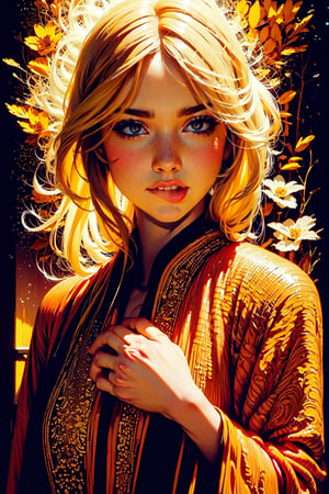 1woman, portrait, mature female,sparkling beautiful eyes, blonde hair, flowers, elaborate scene style, glitter, orange, realistic style, 8k,exposure blend, medium shot, bokeh, (hdr:1.4), high contrast, (cinematic, dark orange and white film), (muted colors, dim colors, soothing tones:1.3), low saturation, (hyperdetailed:1.2), perfect hands, perfect fingers, photorealistic, cinematic and dramatic back lighting.  Alfons Mucha style, ,greek clothes,BJ_Oil_painting,centralasia,perfect light