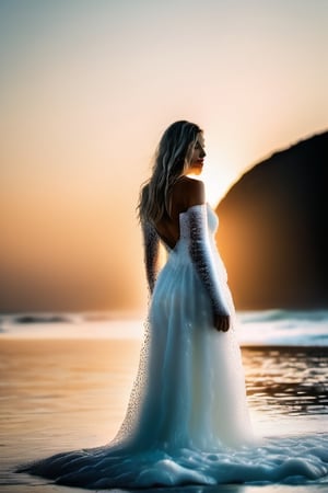 a blond woman on beach, covered in only dense layer small tiny white bubbles and foam, lots of white foam, bubbles covering whole body forming a long floaty light dress made of white foam all the way down to water, no swimsuit,  no fabric, the woman standing facing the water and giving the impression that the bottom of the bubbles is united with the water. beach background and sea, full body, hourglass waist 