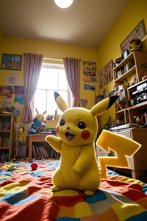 pikachu puppet plays in his colorful bedroom with lots of games, realistic environment with solar reflections and shadows, very high quality cinematographic scenography, breathtaking scene of a great masterpiece, crazy 8k graphics, everything wonderful and photorealistic detailed, kitakoumae