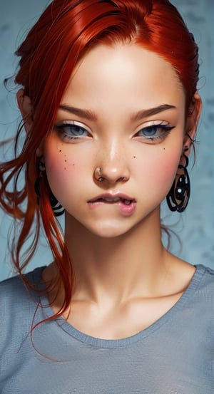 1girl, solo, looking at viewer, jewelry, red hair, blue eyes, earrings , ear piercing, realistic,  lip piercing, hazy background 