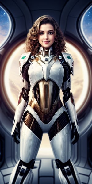 futuristic, woman brown wavy hair, standing in spaceship next to panoramic window, smiling, playing with hair, wearing white mecha armour, photorealistic, stomach, mecha, posing