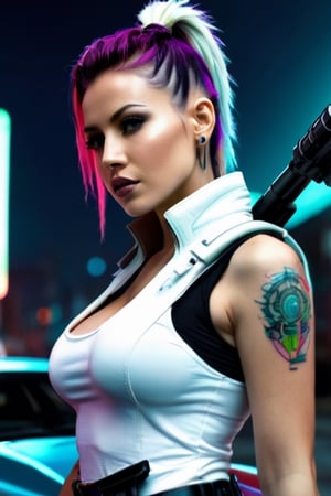 futuristic cyberpunk, young woman, white vest, short coat Sleeveless, Cyber punk theme, facing foward, leaning on cyberpunk car engine hood, holding sniper rifle on shoulder, cybernetic implants, tattoos,  neon colors, hair in pony tail, military boots, cyber punk, neon signs, night at the neon futuristic city, Movie Still, Film Still, Cinematic, Cinematic Shot, Cinematic Lighting, wide angle, photorealistic, full body, full bosy