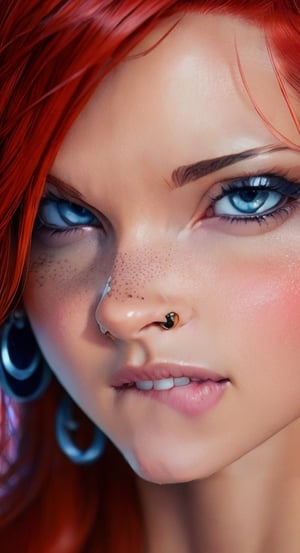 1girl, solo, looking at viewer, jewelry, red hair, blue eyes, earrings, , ear piercing, realistic,  lip piercing,pandora, charcoal background 