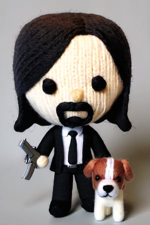 A knitted wool model of John Wick and his dogs. Big headed, cartoonish, cute, original colors, wielding knitted pistols.