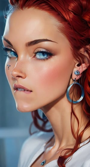 1girl, solo, looking at viewer, jewelry, red hair, blue eyes, earrings, , ear piercing, realistic,  lip piercing, hazy background 