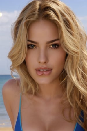 Generate hyper realistic image of a sexy 20 year old woman with long, blonde curly hair, ((blue eyes)), bright red lips, white micro bikini, biting lip , full body, beach in background , wet body,