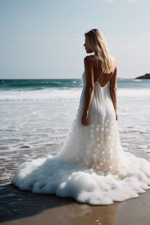 a blond woman on beach, covered in only dense layer small tiny white bubbles and foam, lots of white foam, bubbles covering whole body forming a long floaty light slip dress made of white foam all the way down to water, no swimsuit,  no fabric, the woman standing facing the water and giving the impression that the bottom of the bubbles is united with the water. beach background and sea, full body, hourglass waist, back to camera, looking away