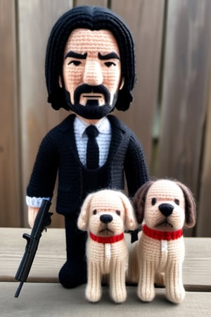 A knitted wool model of John Wick and his dogs. Big head, cartoonish, cute, original colors, (2 knitted pistols).
