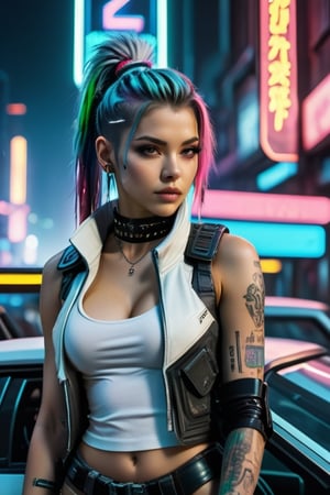 futuristic cyberpunk, young woman, white vest, short coat Sleeveless, Cyber punk theme, facing foward, leaning on cyberpunk car engine hood, holding sniper rifle on shoulder, cybernetic implants, tattoos,  neon colors, hair in pony tail, military boots, cyber punk, neon signs, night at the neon futuristic city, Movie Still, Film Still, Cinematic, Cinematic Shot, Cinematic Lighting, wide angle, photorealistic, full body, full bosy