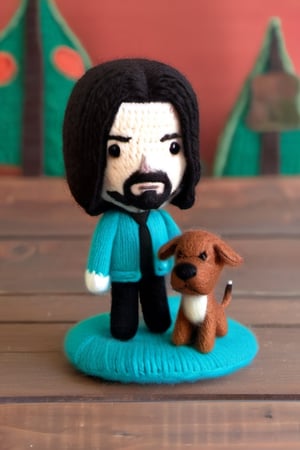 A knitted wool model of John wick and his dog. Big headed, cartoonish, cute, original colors, wielding knitted pistols.
