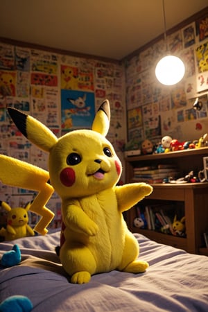 pikachu puppet plays in his colorful bedroom with lots of games, realistic environment with solar reflections and shadows, very high quality cinematographic scenography, breathtaking scene of a great masterpiece, crazy 8k graphics, everything wonderful and photorealistic detailed, kitakoumae