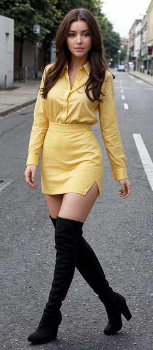 Generate hyper realistic image of a woman with long, brown hair wearing a shirt with long sleeves and knee boots, gracefully spinning outdoors. She pairs her ensemble with black high heels, exuding elegance and charm. Another scene depicts her in a black shirt and knee boots, strolling down a road in a yellow skirt, with green eyes shining and a hint of blush on her cheeks.