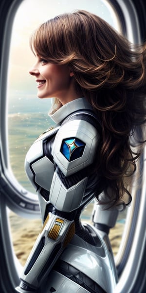 futuristic, woman brown wavy hair, standing in spaceship next to panoramic window, smiling, playing with hair, wearing white mecha armour, photorealistic, posing, no_sleeves, skin, viewed_from_side
