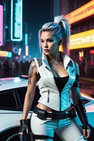 futuristic cyberpunk, woman 30 year old, white vest, short coat Sleeveless, Cyber punk theme, facing foward, leaning on cyberpunk car engine hood, holding futuristic sniper rifle, cybernetic implants, dragon tattoos,  neon colors, hair in pony tail, military boots, cyber punk, neon signs, night at the neon futuristic city, Movie Still, Film Still, Cinematic Shot, Cinematic Lighting, wide angle, photorealistic, full body, low angle 