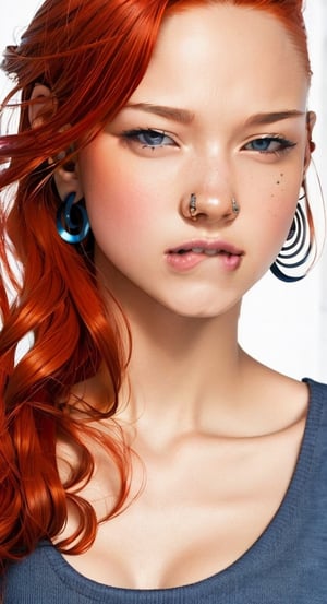 1girl, solo, looking at viewer, jewelry, red hair, blue eyes, earrings, , ear piercing, realistic,  lip piercing, hazy background 