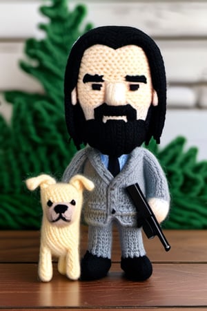 A knitted wool model of John wick and his dog. Big headed, cartoonish, cute, original colors, wielding dual pistols.