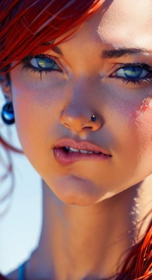 1girl, solo, looking at viewer, jewelry, red hair, blue eyes, earrings, , ear piercing, realistic,  lip piercing,pandora, hazy background 