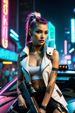 futuristic cyberpunk, young woman, white vest, short coat Sleeveless, Cyber punk theme, facing foward, leaning on cyberpunk car engine hood, holding sniper rifle on shoulder, cybernetic implants, tattoos,  neon colors, hair in pony tail, military boots, cyber punk, neon signs, night at the neon futuristic city, Movie Still, Film Still, Cinematic, Cinematic Shot, Cinematic Lighting, wide angle, photorealistic, full body, full bosy