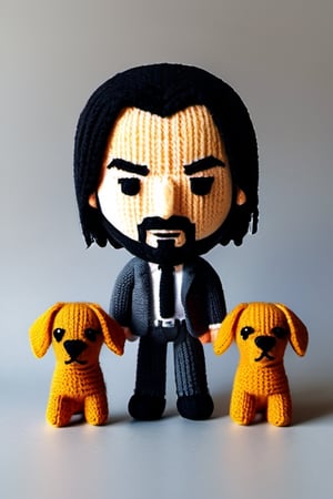 A knitted wool model of John Wick and his dogs. Big head, cartoonish, cute, original colors, ((knitted pistols)).