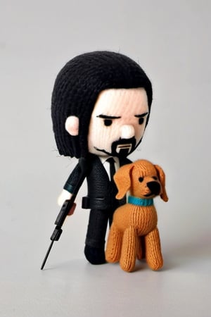 A knitted wool model of John wick and his dog. Big headed, cartoonish, cute, original colors, wielding dual pistols.