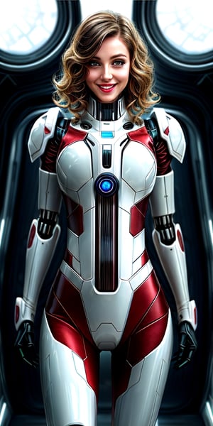 futuristic, woman brown wavy hair, standing in spaceship next to panoramic window, smiling, playing with hair, wearing white mecha armour, photorealistic, stomach, mecha, posing,modelshoot style