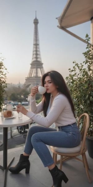 A medium shot of a stunning young woman with long black hair, delicately beautiful, wearing a white blouse, jeans, and black boots, sipping coffee in a simple café with a view of the Eiffel Tower in Paris, capturing a serene ambiance with the city’s morning light illuminating the scene, shot with a Sony A7R IV, 50mm f/1.4 lens, featuring soft, warm tones。By 007,berli