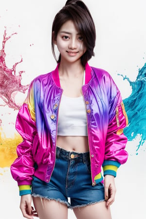 1girl, most beautiful korean female Korean beauty model, extremely detailed beautiful woman, stunningly beautiful woman, gorgeous woman, 30yo, over sized eyes, big eyes, smiling, looking at viewer, pink sleek tied back hair style, wearing oversize rainbow jacket bomber m1, shorts bluejeans, white sneaker, splash color on background,Alorenza