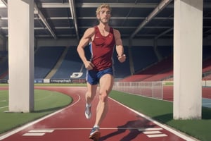 average man with average physique sweating, sweating, full body shot, running track
