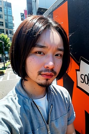 1boy, solo, brown eyes, portrait, looking at viewer, rnhg, (bobcut), 
urban setting, street fashion, confident pose, cityscape background, trendy clothing, graffiti walls