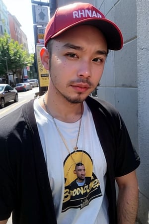 1boy, solo, brown eyes, lips, portrait, rnhg, Hip Hop, Graphic T-shirt, Gold Chains, Baseball Cap, Urban Graffiti Background, Confident Pose, Street Art