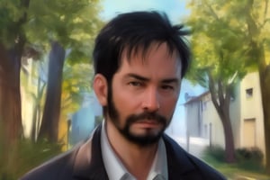 solo, looking at viewer, shirt, black hair, 1boy, jacket, white shirt, upper body, male focus, outdoors, day, black eyes, tree, black jacket, facial hair, grass, building, beard, realistic, mustache, house,rnhg,oil painting,artistic oil painting stick