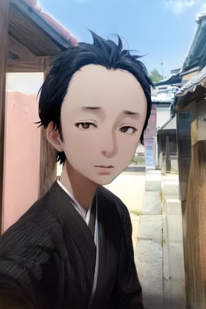 1boy, solo, looking at viewer, simple background, shirt, brown eyes, upper body, lips, portrait, (thin hair), wide forehead, short hair, rnhg,(masterpiece), scenery, ((Kyoto Animation Style))