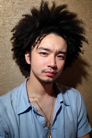 1boy, solo, brown eyes, lips, portrait, rnhg, ((afro-hair)), Retro, Colorful Shirt, Gold Necklace, 70s Vibe, Funky, Disco Background, Frizzy hair