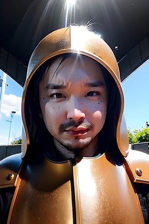 1boy, solo, brown eyes, portrait, looking at viewer, rnhg, golden armor, pose symbolizing courage, under the shining sun, paladin staring at the battlefield, sacred symbol