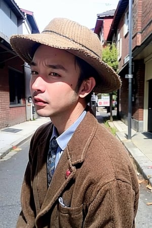 man, Portrait, hunting hat, vintage style, tweed jacket, retro background, black and white photography style, old streetscape, natural light