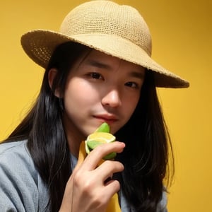 solo, simple background, brown hair, 1boy, hat, jewelry, upper body, male focus, food, fruit, ring, yellow background, realistic, what, lemon