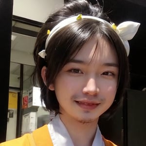 4k,best quality,masterpiece,20yo 1boy,(traditional Japanese costume, alluring smile, head ornaments ,

(Beautiful and detailed eyes),
Detailed face, detailed eyes, double eyelids ,thin face, real hands, muscular fit body, semi visible abs, ((short hair locks:1.2)), black hair, black background,


real person, color splash style photo,
