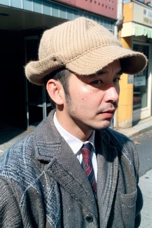 man, Portrait, hunting hat, vintage style, tweed jacket, retro background, black and white photography style, old streetscape, natural light