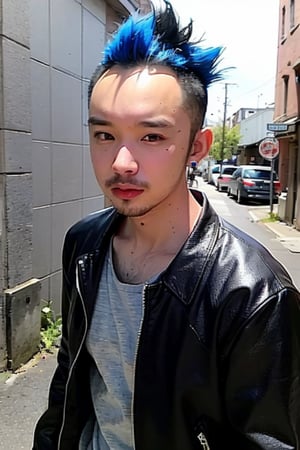 1boy, solo, brown eyes, lips, portrait,  wide forehead, rnhg , neon blue hair, dramatic mohawk, black leather jacket, colorful patches, studs, bold rings, nose piercing, graffiti-covered alleyway