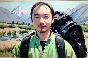 solo, looking at viewer, black hair, 1boy, closed mouth, upper body, male focus,, summit, landscape, mountain range, clear sky,  backpack, windbreaker, traditional media, facing viewer, realistic, rnhg ,sketch art,watercolor,rha30,fujimotostyle, (Thinning hair baldness)